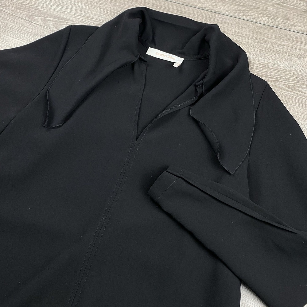 See By Chloe Women's Long Sleeve Neck Tie Mini Dress Black 34 US 2